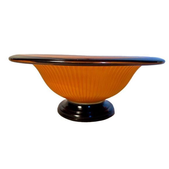Vintage Art Deco Molded Orange And Black Cased Ribbed Fluted Bowl - Picture 4 of 16